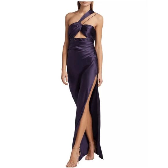 THE SEI Silk Asymmetrical Bandeau One-shoulder Cut Out Gown Fig Purple size 8 - Picture 1 of 11